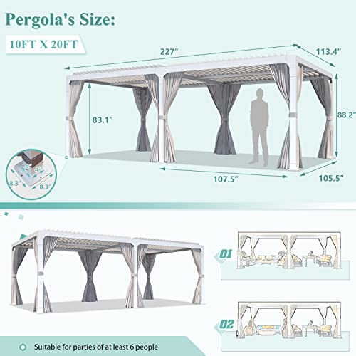 Erinnyees 10'×20' Outdoor Louvered White Pergola with Adjustable Aluminum Rainproof Roof, Patio Hardtop Gazebo Sun Shade Shelter for Beach Deck Patio Garden Yard, Including Curtains and Netting