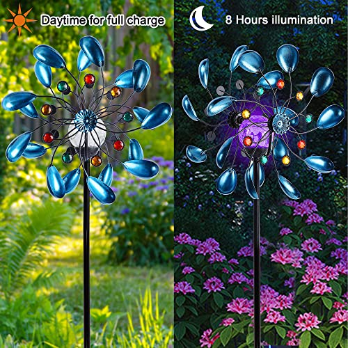 Glintoper Solar Wind Spinner, Outdoor Metal Stake Yard Spinners, Jewel Cup Garden Wind Catcher Windmill for Mom, Color Changing Glass Ball, Mothers Day Ideal Gifts, Dual Direction for Patio Lawn Yard