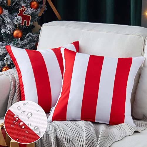 Western Home Pack of 2 Christmas Decorative Outdoor Solid Waterproof Striped Throw Pillow Covers Polyester Linen Garden Farmhouse Cushion Cases for Patio Tent Balcony Couch Sofa 18x18 inch Red