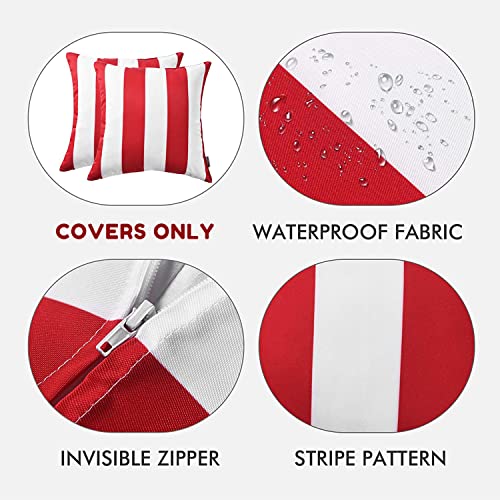 Western Home Pack of 2 Christmas Decorative Outdoor Solid Waterproof Striped Throw Pillow Covers Polyester Linen Garden Farmhouse Cushion Cases for Patio Tent Balcony Couch Sofa 18x18 inch Red