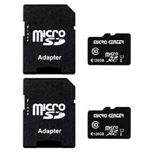 micro center 128gb class 10 microsdxc flash memory card with adapter for mobile device storage phone, tablet, drone & full hd video recording – 80mb/s uhs-i, c10, u1 (2 pack)
