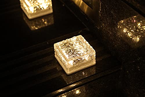 Solar Brick Lights, Glass Brick Lights, ice Brick Lights, Scene Lights, Garden Street Lights with switches, Suitable for Outdoor Path Atmosphere Lights in Gardens and courtyards(4pcs)（Big Warm White）