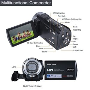 ORDRO Camcorders HDV-V12 HD 1080P Video Camera Recorder Infrared Night Vision Camera Camcorders with 16G SD Card and 2 Batteries
