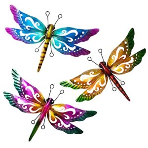 dreamskip dragonfly garden decor, 3 pack colorful metal dragonfly wall decor, outdoor decor art for patio, yard, fence, garden, outside, backyard, balcony