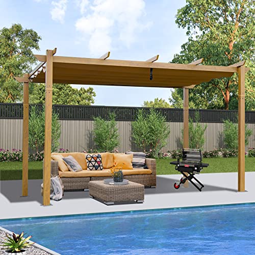 Domi 10' x 13' Outdoor Retractable Pergola, Gazebo Modern Grape Trellis Pergola with Sun Shade Canopy, Patio Aluminum Shelter for Garden Porch Beach Yard with Natural Wood Grain Frame