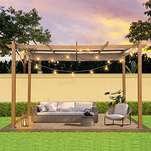 Domi 10' x 13' Outdoor Retractable Pergola, Gazebo Modern Grape Trellis Pergola with Sun Shade Canopy, Patio Aluminum Shelter for Garden Porch Beach Yard with Natural Wood Grain Frame