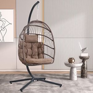 leycay egg chair with stand, hanging egg swing hammock chair with stand, indoor outdoor wicker egg chair with cushion headrest for patio bedroom porch garden, 350lbs capacity(brown)