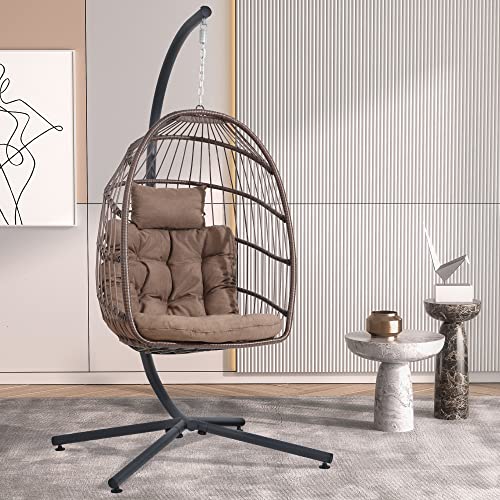 LEYCAY Egg Chair with Stand, Hanging Egg Swing Hammock Chair with Stand, Indoor Outdoor Wicker Egg Chair with Cushion Headrest for Patio Bedroom Porch Garden, 350LBS Capacity(Brown)