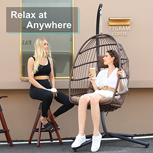 LEYCAY Egg Chair with Stand, Hanging Egg Swing Hammock Chair with Stand, Indoor Outdoor Wicker Egg Chair with Cushion Headrest for Patio Bedroom Porch Garden, 350LBS Capacity(Brown)