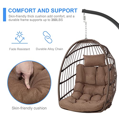 LEYCAY Egg Chair with Stand, Hanging Egg Swing Hammock Chair with Stand, Indoor Outdoor Wicker Egg Chair with Cushion Headrest for Patio Bedroom Porch Garden, 350LBS Capacity(Brown)