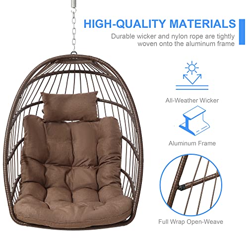 LEYCAY Egg Chair with Stand, Hanging Egg Swing Hammock Chair with Stand, Indoor Outdoor Wicker Egg Chair with Cushion Headrest for Patio Bedroom Porch Garden, 350LBS Capacity(Brown)