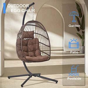 LEYCAY Egg Chair with Stand, Hanging Egg Swing Hammock Chair with Stand, Indoor Outdoor Wicker Egg Chair with Cushion Headrest for Patio Bedroom Porch Garden, 350LBS Capacity(Brown)
