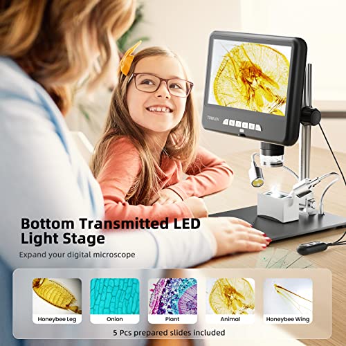 TOMLOV DM402 Pro 2K Digital Microscope 1200x, 10.1" 24MP HDMI Coin Microscope with Screen, Bottom Transmitted Light, LCD Digital Soldering Microscope, 10" Stand, PC/TV Compatible, 32GB