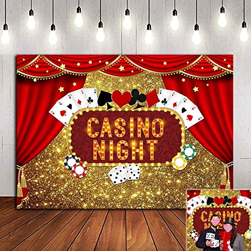 Casino Night Poker Dice Red Curtains Photography Backdrop Vinyl Las Vegas Gold Glitter Bokeh Photo Background Birthday Party Banner Decorations Banner 7x5ft Photo Booths Studio Props Dessert Table