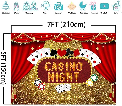 Casino Night Poker Dice Red Curtains Photography Backdrop Vinyl Las Vegas Gold Glitter Bokeh Photo Background Birthday Party Banner Decorations Banner 7x5ft Photo Booths Studio Props Dessert Table