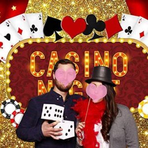 Casino Night Poker Dice Red Curtains Photography Backdrop Vinyl Las Vegas Gold Glitter Bokeh Photo Background Birthday Party Banner Decorations Banner 7x5ft Photo Booths Studio Props Dessert Table