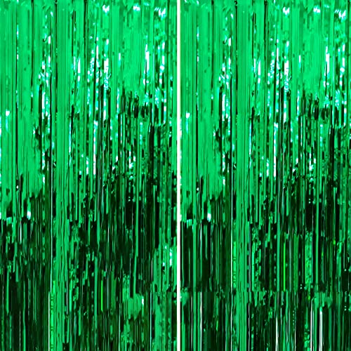 Dazzle Bright 2 Pack Backdrop Curtain, 3FT x 8FT Metallic Tinsel Foil Fringe Curtains Photo Booth Background for Baby Shower Party Birthday Wedding Engagement Bridal Shower Decorations, Green