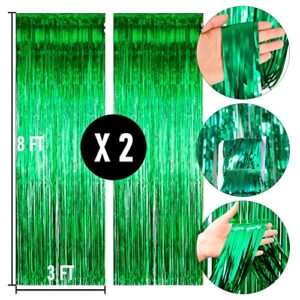 Dazzle Bright 2 Pack Backdrop Curtain, 3FT x 8FT Metallic Tinsel Foil Fringe Curtains Photo Booth Background for Baby Shower Party Birthday Wedding Engagement Bridal Shower Decorations, Green