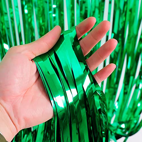 Dazzle Bright 2 Pack Backdrop Curtain, 3FT x 8FT Metallic Tinsel Foil Fringe Curtains Photo Booth Background for Baby Shower Party Birthday Wedding Engagement Bridal Shower Decorations, Green