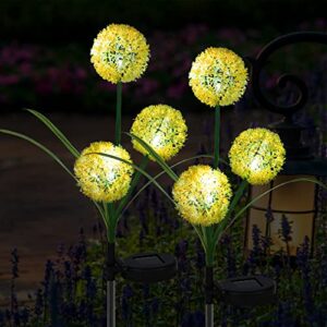 forup 2 pack solar garden stake lights, outdoor solar lights in dandelion flower design, led solar powered lights for patio, lawn, garden, yard decoration, yellow & white