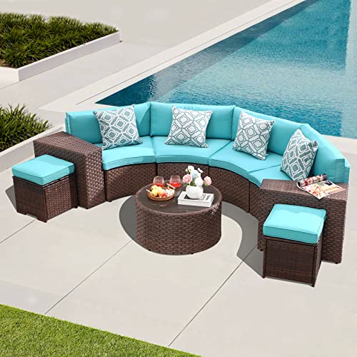 OC Orange-Casual 9-Piece Patio Furniture Set Half-Moon Sofa Outdoor All-Weather Wicker with Coffee Table & Set of Ottomans, Brown Rattan Turquoise Cushion (Pillows Included)