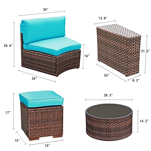 OC Orange-Casual 9-Piece Patio Furniture Set Half-Moon Sofa Outdoor All-Weather Wicker with Coffee Table & Set of Ottomans, Brown Rattan Turquoise Cushion (Pillows Included)