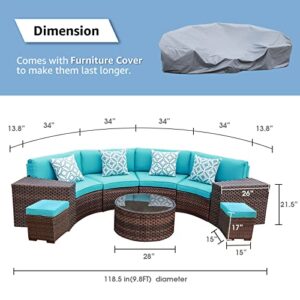 OC Orange-Casual 9-Piece Patio Furniture Set Half-Moon Sofa Outdoor All-Weather Wicker with Coffee Table & Set of Ottomans, Brown Rattan Turquoise Cushion (Pillows Included)