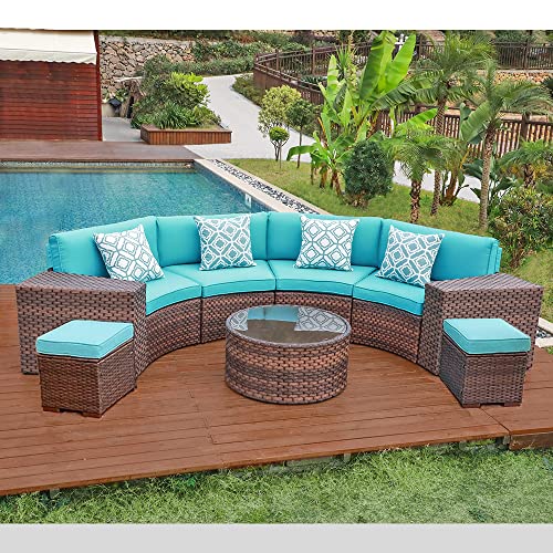 OC Orange-Casual 9-Piece Patio Furniture Set Half-Moon Sofa Outdoor All-Weather Wicker with Coffee Table & Set of Ottomans, Brown Rattan Turquoise Cushion (Pillows Included)