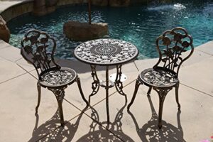 bistro set outdoor patio furniture 3 piece rose pattern brown antique bronze finish cast iron & aluminum