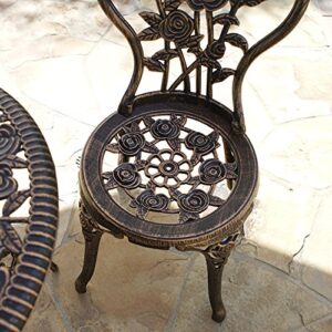 BISTRO SET OUTDOOR PATIO FURNITURE 3 PIECE ROSE PATTERN BROWN ANTIQUE BRONZE FINISH CAST IRON & ALUMINUM