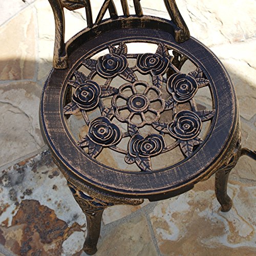 BISTRO SET OUTDOOR PATIO FURNITURE 3 PIECE ROSE PATTERN BROWN ANTIQUE BRONZE FINISH CAST IRON & ALUMINUM