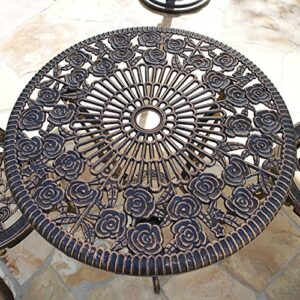 BISTRO SET OUTDOOR PATIO FURNITURE 3 PIECE ROSE PATTERN BROWN ANTIQUE BRONZE FINISH CAST IRON & ALUMINUM