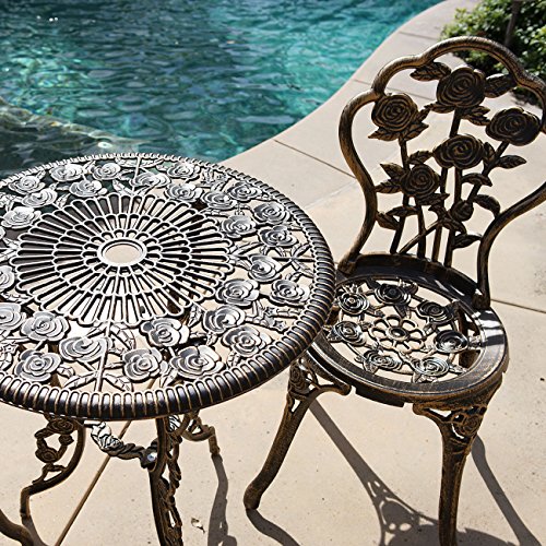 BISTRO SET OUTDOOR PATIO FURNITURE 3 PIECE ROSE PATTERN BROWN ANTIQUE BRONZE FINISH CAST IRON & ALUMINUM