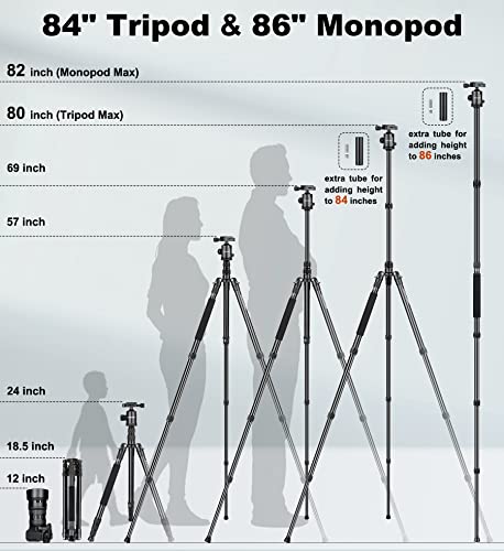 Camera Tripod, 80/84 inches Heavy Duty Tripod for Camera and Phone, 82" Camera Monopod Tripod, DSLR Binoculars Spotting Scope Camcorders Video Tripod Stand, 360 Degree Ball Head, 35 lbs Loads