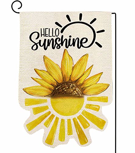 ORTIGIA Summer Hello Sunshine Garden Flag 12x18 Inch Burlap Vertical Double Sided Boho Summer Sunflowers Yard Flag Spring Floral Seasonal Farmhouse Outdoor Flag