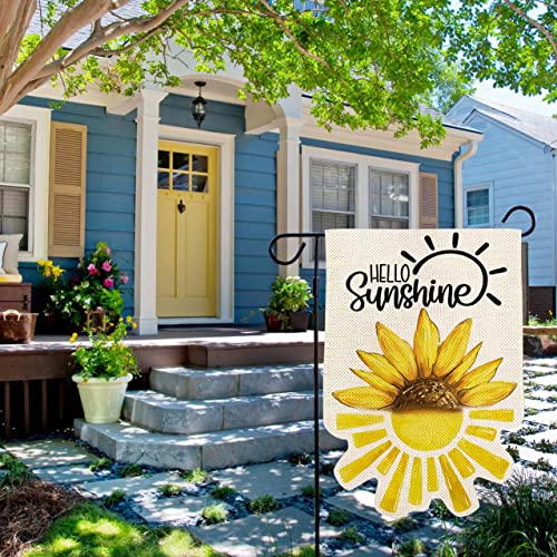 ORTIGIA Summer Hello Sunshine Garden Flag 12x18 Inch Burlap Vertical Double Sided Boho Summer Sunflowers Yard Flag Spring Floral Seasonal Farmhouse Outdoor Flag