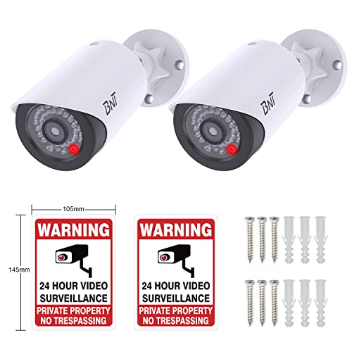 BNT Dummy Fake Security Camera, with One Red LED Light at Night, for Home and Businesses Security Indoor/Outdoor (2 Pack, White)