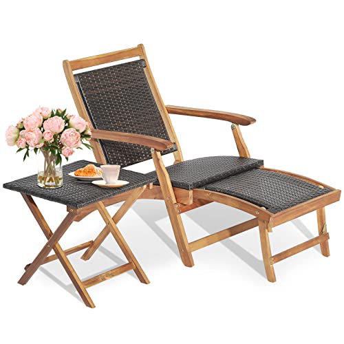 Tangkula Patio Lounge Chair and Side Table Set, Acacia Wood Wicker Folding Table and Armrest Chair with Retractable Ottoman, Acacia Wood Outdoor Chaise Lounger for Garden, Backyard, Poolside, Balcony