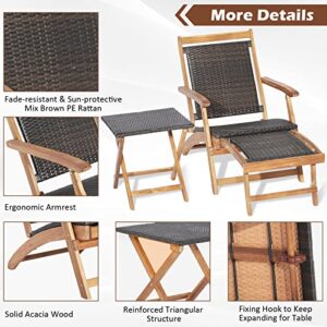 Tangkula Patio Lounge Chair and Side Table Set, Acacia Wood Wicker Folding Table and Armrest Chair with Retractable Ottoman, Acacia Wood Outdoor Chaise Lounger for Garden, Backyard, Poolside, Balcony