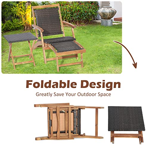 Tangkula Patio Lounge Chair and Side Table Set, Acacia Wood Wicker Folding Table and Armrest Chair with Retractable Ottoman, Acacia Wood Outdoor Chaise Lounger for Garden, Backyard, Poolside, Balcony