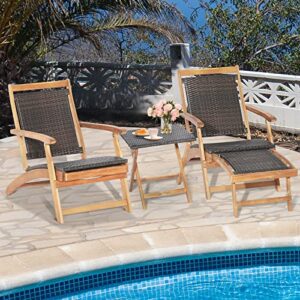 Tangkula Patio Lounge Chair and Side Table Set, Acacia Wood Wicker Folding Table and Armrest Chair with Retractable Ottoman, Acacia Wood Outdoor Chaise Lounger for Garden, Backyard, Poolside, Balcony
