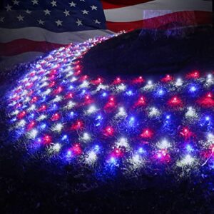 360 led net lights 4th of july decorations, 20ft x 5ft red white and blue mesh lights 8 modes, waterproof patriotic fairy lights plug in for memorial day independence day yard garden outdoor party