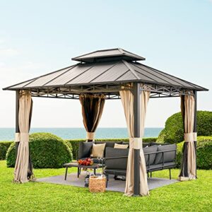 erinnyees 10′ x 12′ double roof hardtop gazebo, outdoor metal gazebo with netting and curtains for patios garden deck…