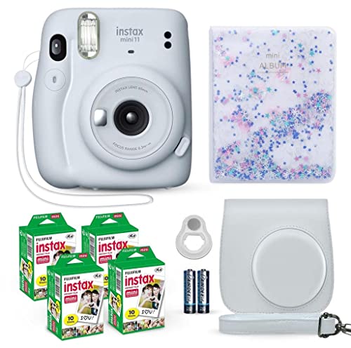 Fujifilm Instax Mini 11 Instant Camera Ice White + Fuji Film Value Pack (40 Sheets) + Shutter Accessories Bundle, Incl. Compatible Carrying Case, Selfie Lens, Quicksand Beads Photo Album 64 Pockets