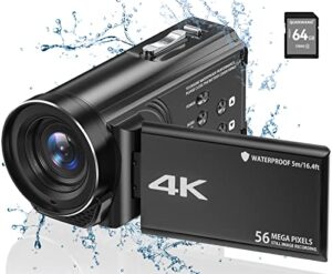 video camera camcorder waterproof camera 4k ultra hd 56mp 30fps 18x digital zoom underwater camera vlogging camera for youtube, 16.4ft waterproof video camera with 3500mah battery, 64g sd card