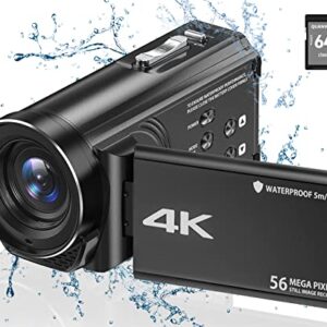 Video Camera Camcorder Waterproof Camera 4K Ultra HD 56MP 30FPS 18X Digital Zoom Underwater Camera Vlogging Camera For Youtube, 16.4Ft Waterproof Video Camera with 3500mAh Battery, 64G SD Card