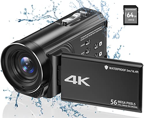 Video Camera Camcorder Waterproof Camera 4K Ultra HD 56MP 30FPS 18X Digital Zoom Underwater Camera Vlogging Camera For Youtube, 16.4Ft Waterproof Video Camera with 3500mAh Battery, 64G SD Card