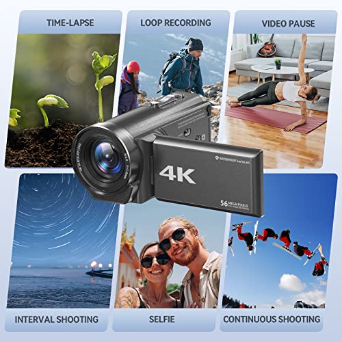 Video Camera Camcorder Waterproof Camera 4K Ultra HD 56MP 30FPS 18X Digital Zoom Underwater Camera Vlogging Camera For Youtube, 16.4Ft Waterproof Video Camera with 3500mAh Battery, 64G SD Card