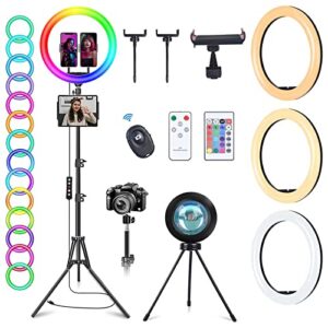 wisakey 13″ rgb ring light with 63″ stand and 2 phone holders, tablet ipad holder, sunset lamp, 51 color modes selfie ringlight with desk tripod, halo ring light for tiktok/live stream/makeup/youtube