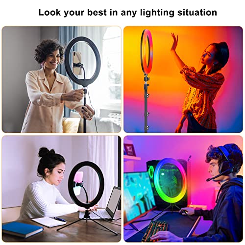 WisaKey 13" RGB Ring Light with 63" Stand and 2 Phone Holders, Tablet iPad Holder, Sunset Lamp, 51 Color Modes Selfie Ringlight with Desk Tripod, Halo Ring Light for TikTok/Live Stream/Makeup/YouTube